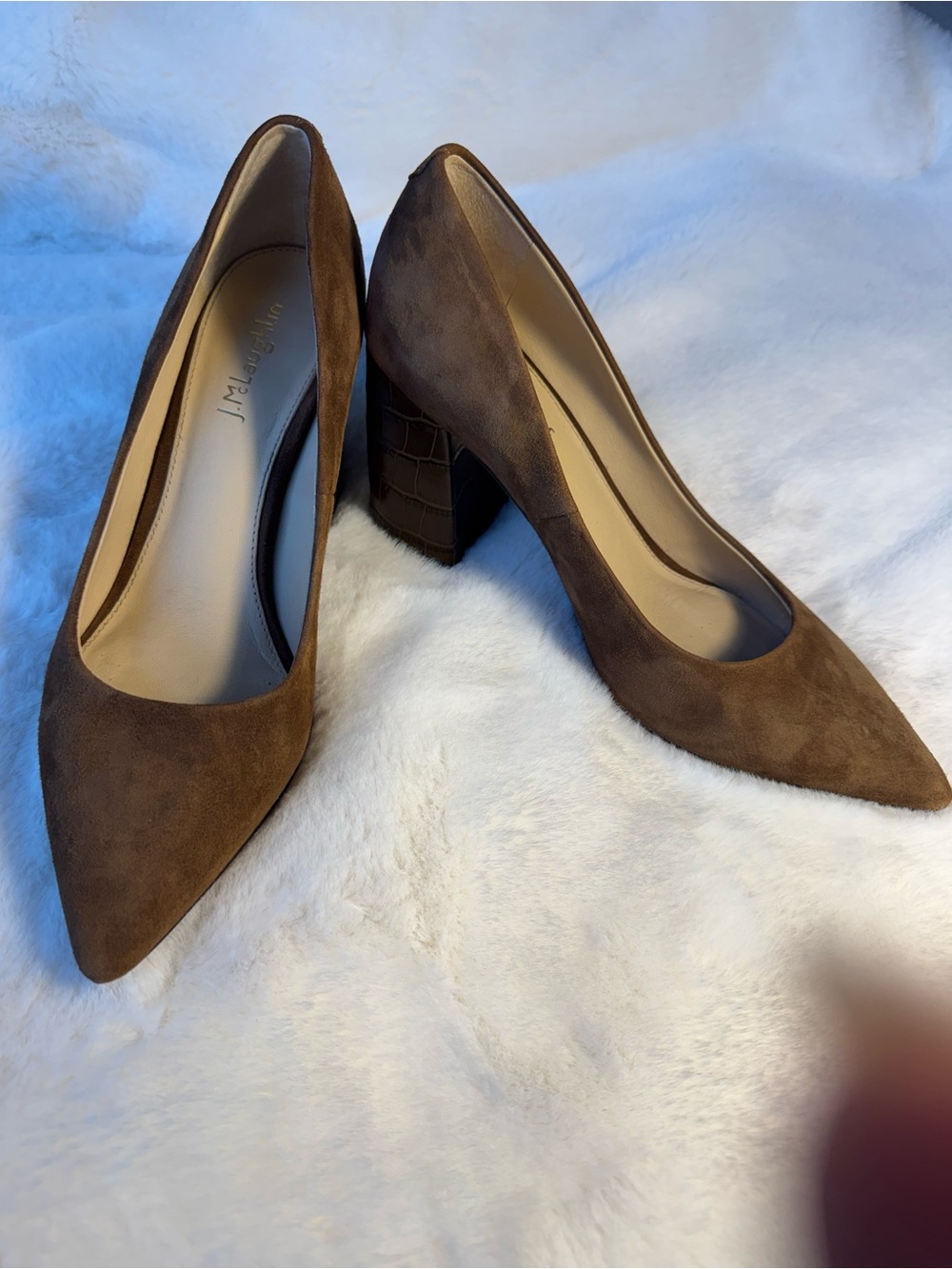J. McLaughlin Women's Brown Suede Pointed-Toe Block Croco Heel Pumps Size 7.5